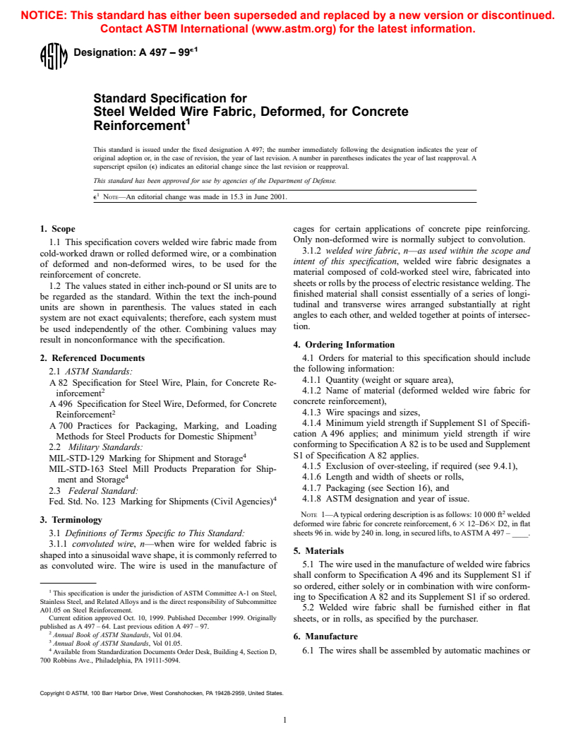 ASTM A497-99e1 - Standard Specification for Steel Welded Wire Reinforcement, Deformed, for Concrete