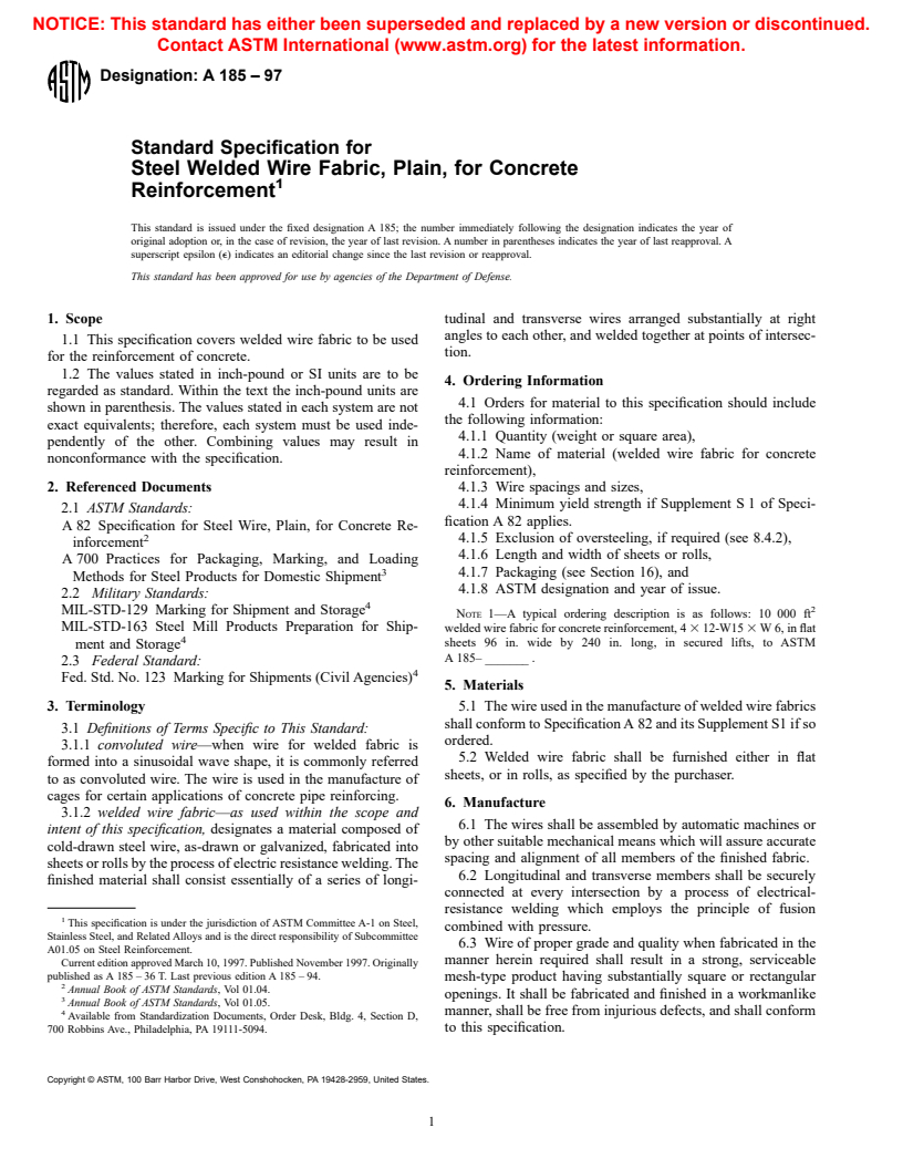 ASTM A185-97 - Standard Specification for Steel Welded Wire Reinforcement, Plain, for Concrete