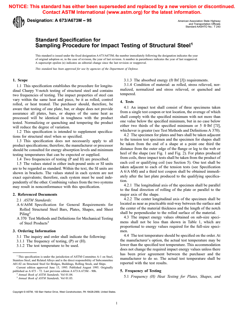 ASTM A673/A673M-95 - Standard Specification for Sampling Procedure for Impact Testing of Structural Steel