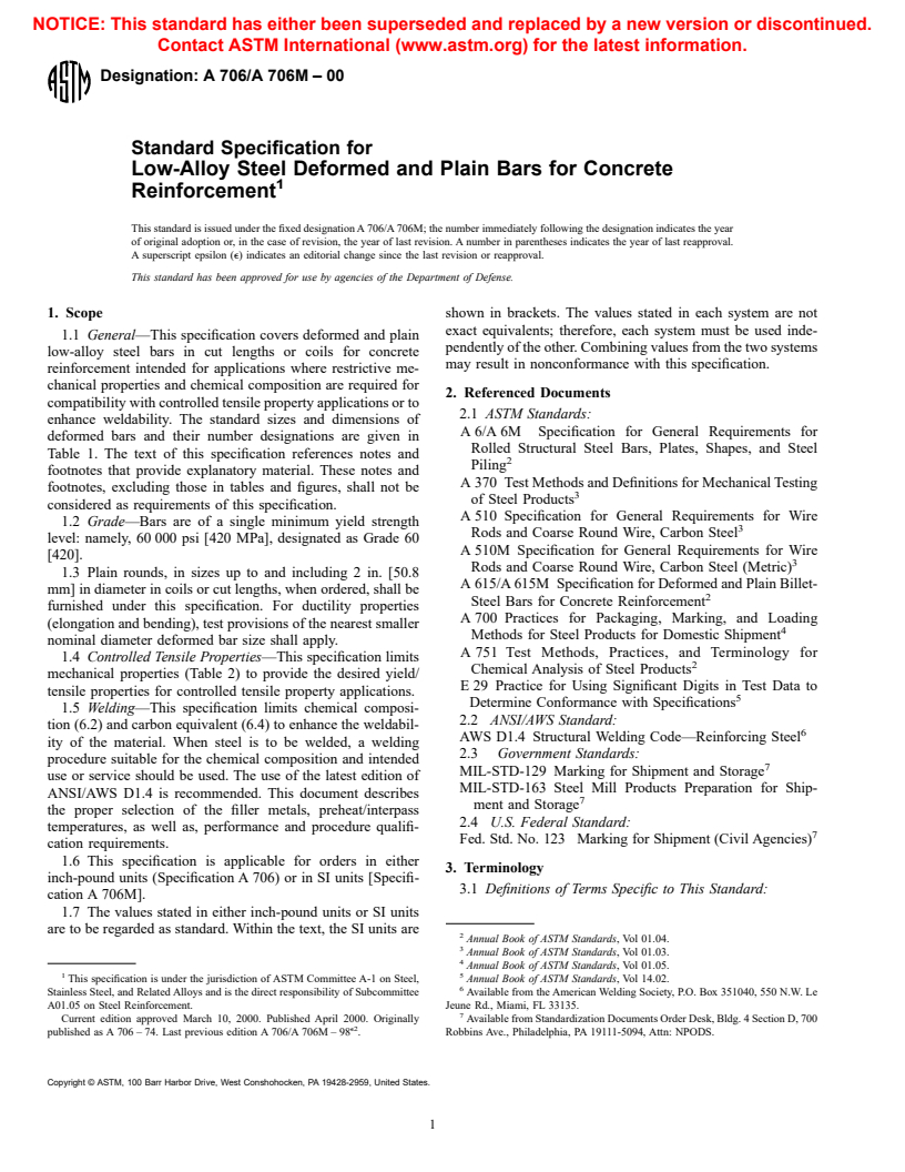 ASTM A706/A706M-00 - Standard Specification for Low-Alloy Steel Deformed and Plain Bars for Concrete Reinforcement