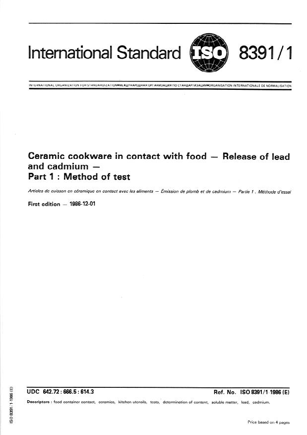 ISO 8391-1:1986 - Ceramic cookware in contact with food -- Release of lead and cadmium