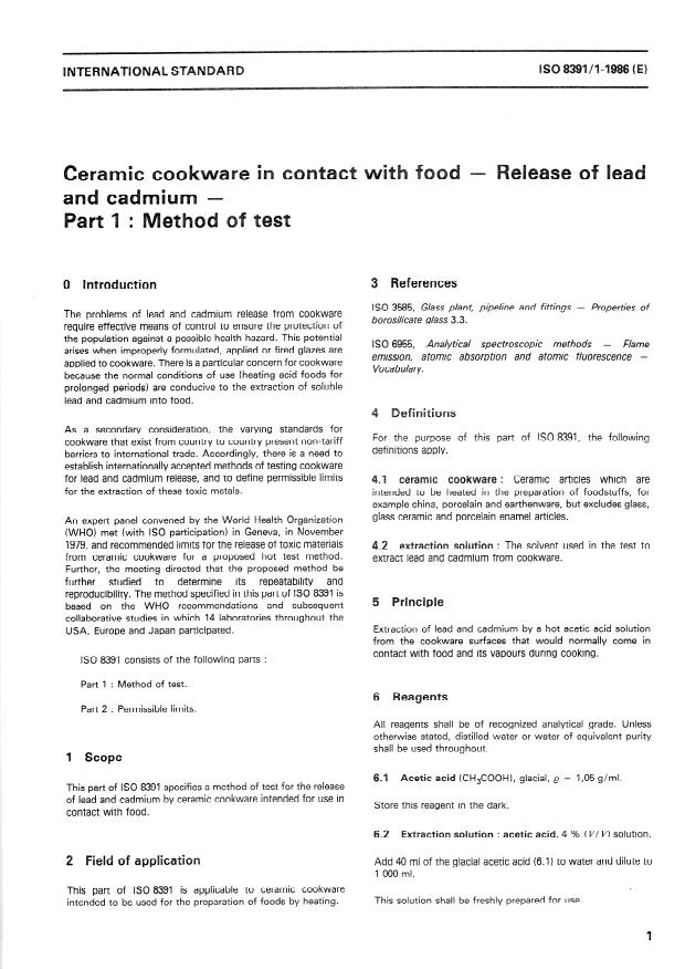 ISO 8391-1:1986 - Ceramic cookware in contact with food -- Release of lead and cadmium