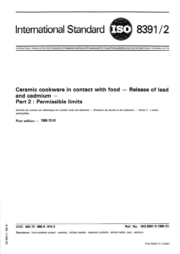 ISO 8391-2:1986 - Ceramic cookware in contact with food -- Release of lead and cadmium