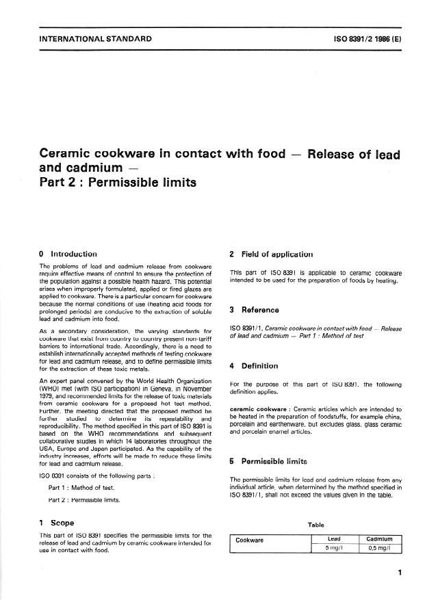 ISO 8391-2:1986 - Ceramic cookware in contact with food -- Release of lead and cadmium