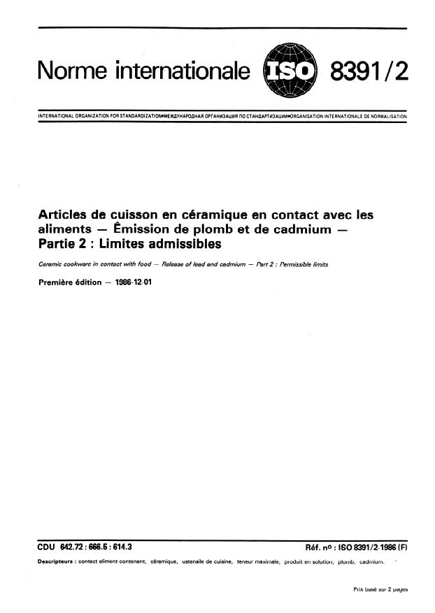 ISO 8391-2:1986 - Articles de cuisson en céramique en contact avec les aliments -- Émission de plomb et de cadmium