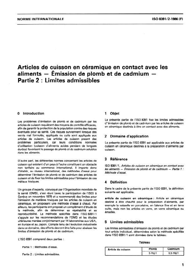 ISO 8391-2:1986 - Articles de cuisson en céramique en contact avec les aliments -- Émission de plomb et de cadmium