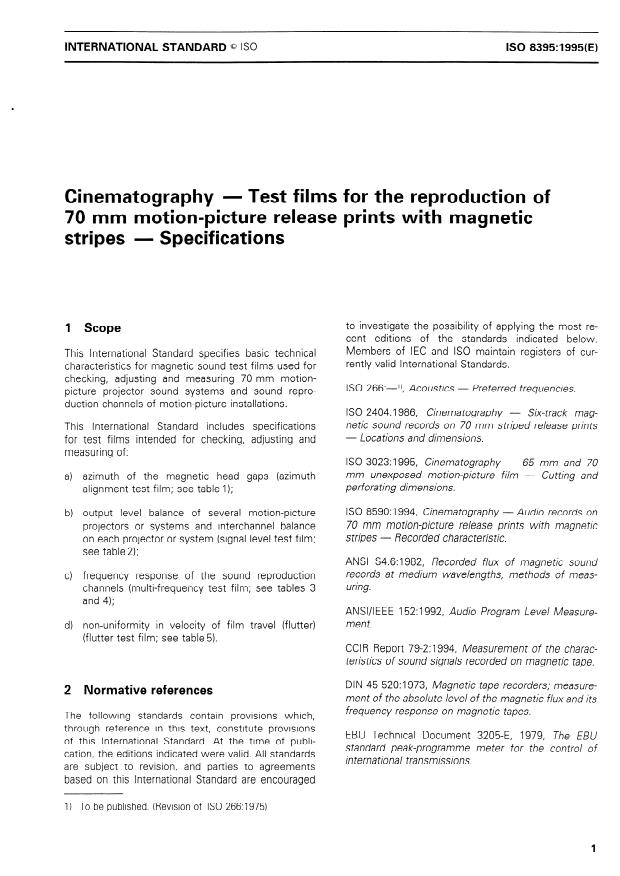 ISO 8395:1995 - Cinematography -- Test films for the reproduction of 70 mm motion-picture release prints with magnetic stripes -- Specifications