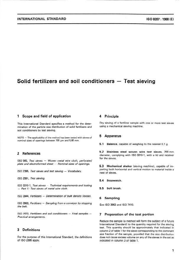 ISO 8397:1988 - Solid fertilizers and soil conditioners -- Test sieving