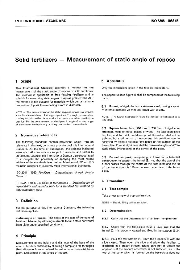 ISO 8398:1989 - Solid fertilizers -- Measurement of static angle of repose