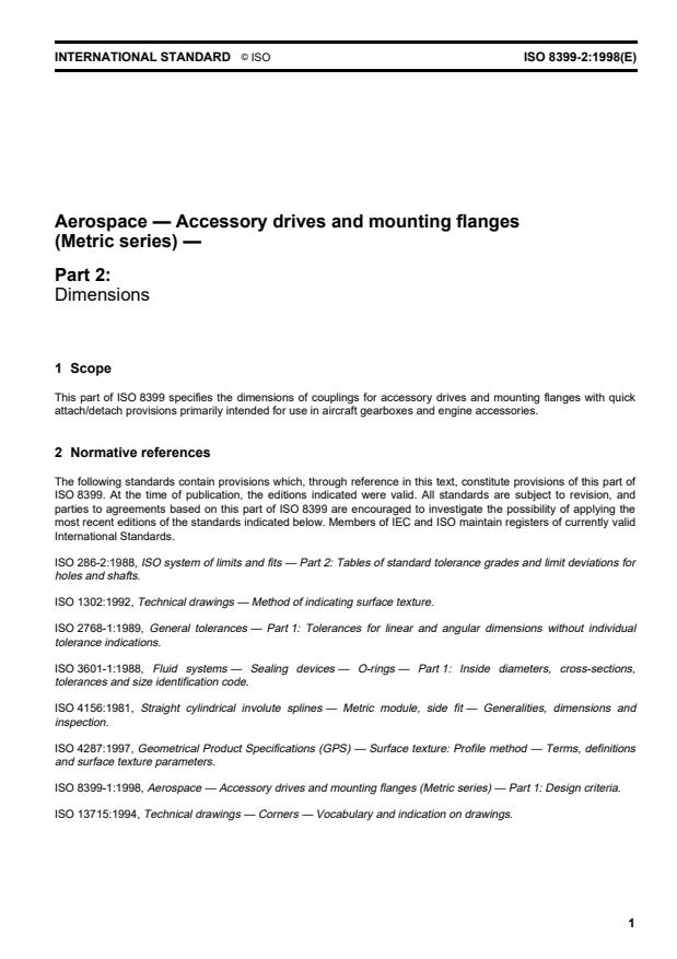 ISO 8399-2:1998 - Aerospace -- Accessory drives and mounting flanges (Metric series)