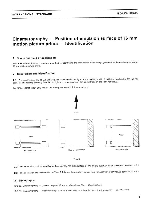 ISO 8400:1985 - Cinematography -- Position of emulsion surface of 16 mm motion-picture prints -- Identification
