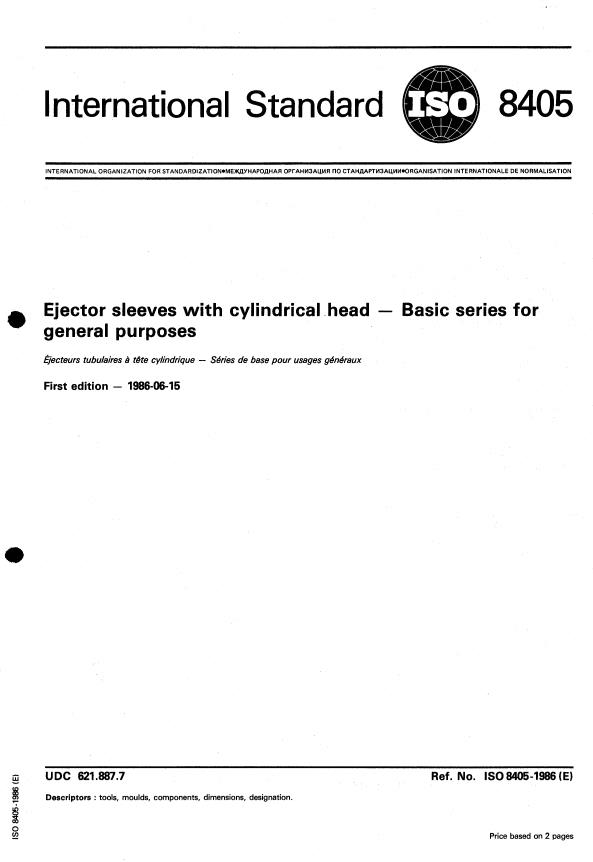ISO 8405:1986 - Ejector sleeves with cylindrical head -- Basic series for general purposes