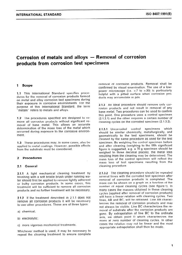 ISO 8407:1991 - Corrosion of metals and alloys -- Removal of corrosion products from corrosion test specimens