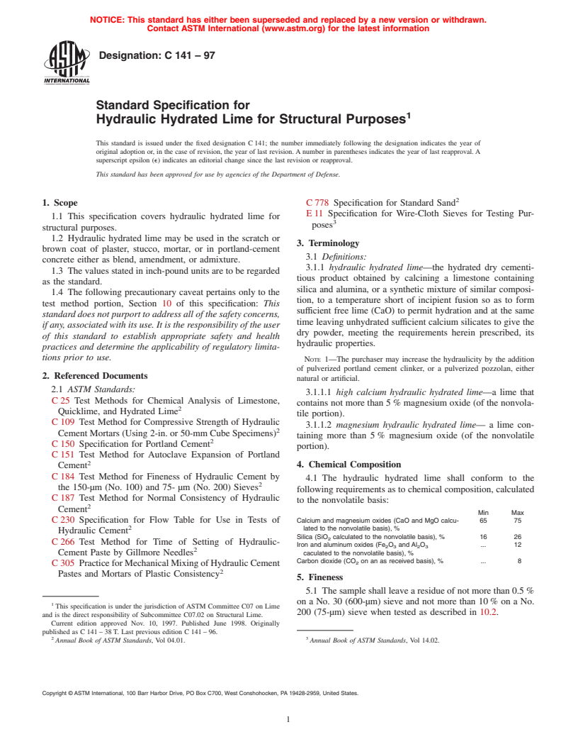 ASTM C141-97 - Standard Specification for Hydraulic Hydrated Lime for Structural Purposes
