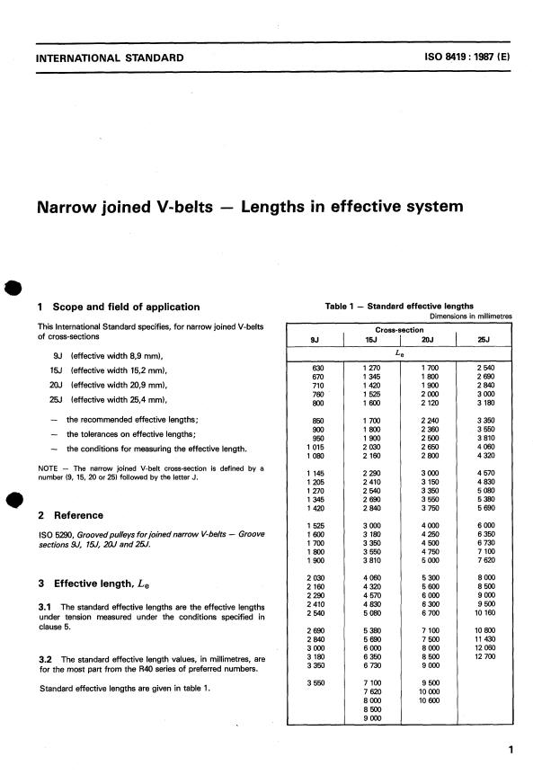ISO 8419:1987 - Narrow joined V-belts -- Lengths in effective system