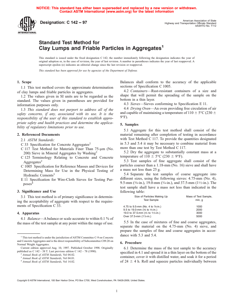 ASTM C142-97 - Standard Test Method for Clay Lumps and Friable Particles in Aggregates