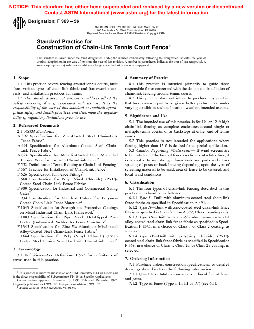 ASTM F969-96 - Standard Practice for Construction of Chain-Link Tennis Court Fence