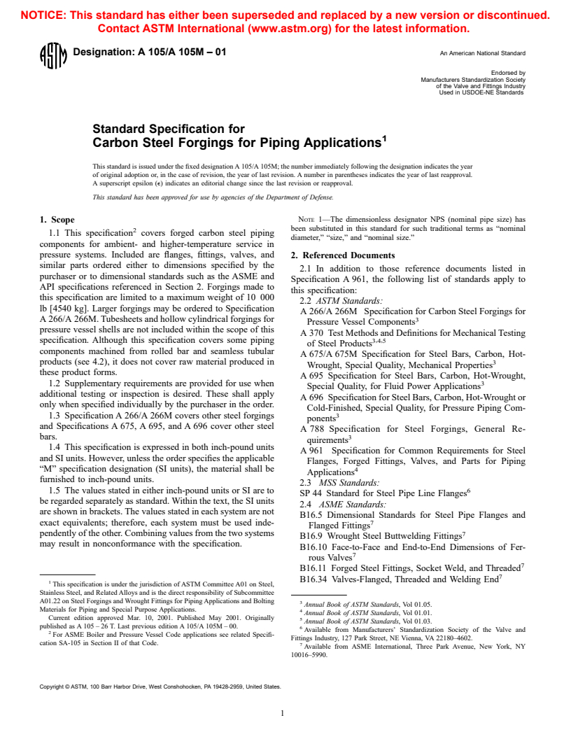 ASTM A105/A105M-01 - Standard Specification for Carbon Steel Forgings for Piping Applications