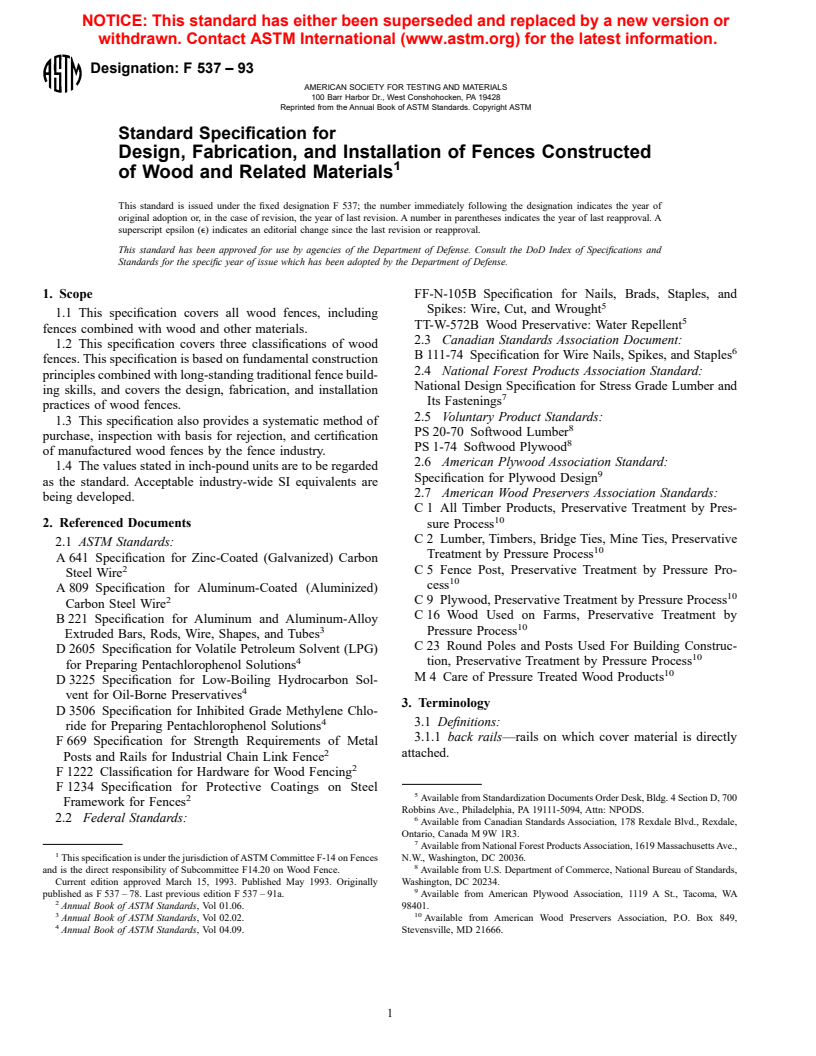 ASTM F537-93 - Standard Specification for Design, Fabrication, and Installation of Fences Constructed of Wood and Related Materials