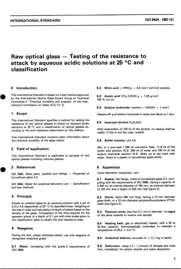 ISO 8424:1987 - Raw optical glass -- Testing of the resistance to attack by aqueous acidic solutions at 25 degrees C and classification