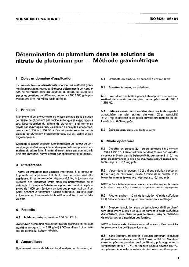 ISO 8425:1987 - Détermination du plutonium dans les solutions de nitrate de plutonium pur -- Méthode gravimétrique