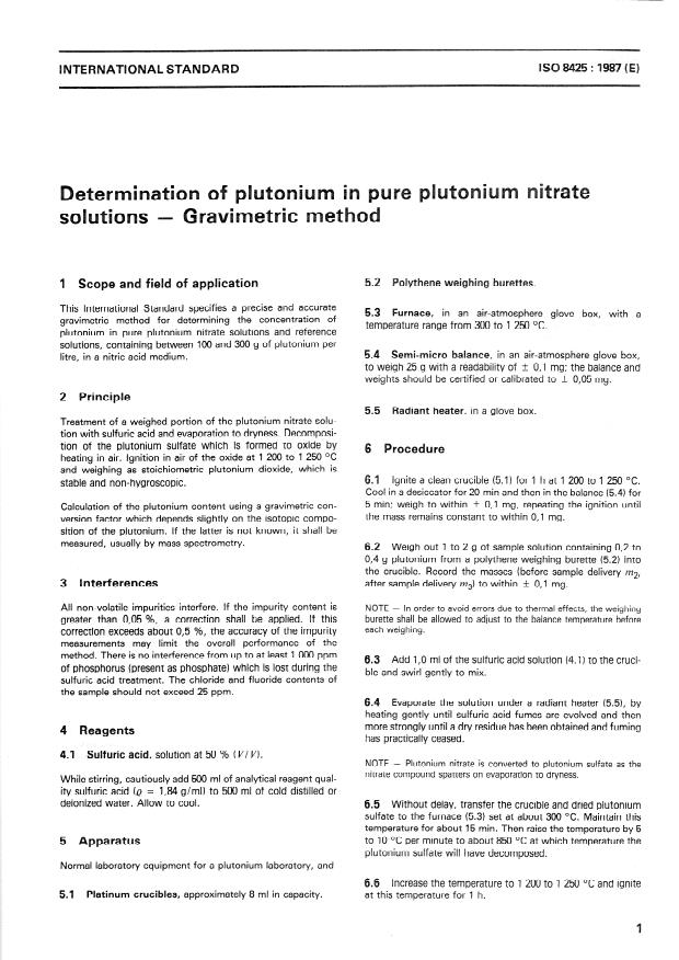 ISO 8425:1987 - Determination of plutonium in pure plutonium nitrate solutions -- Gravimetric method