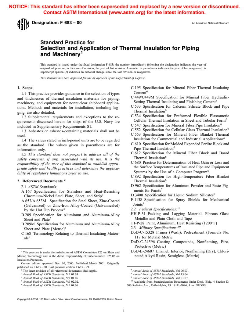 ASTM F683-00 - Standard Practice for Selection and Application of Thermal Insulation for Piping and Machinery