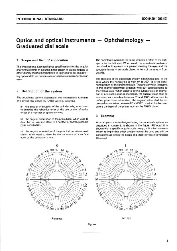 ISO 8429:1986 - Optics and optical instruments -- Ophthalmology -- Graduated dial scale
