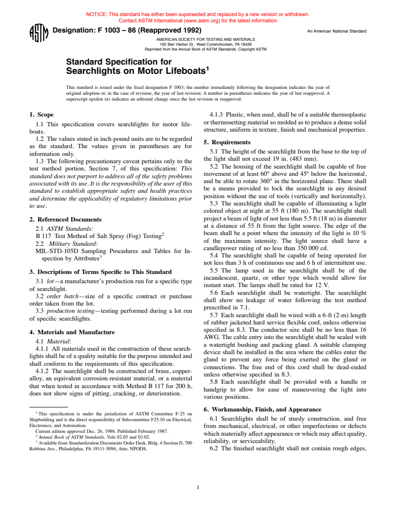 ASTM F1003-86(1992) - Standard Specification for Searchlights on Motor Lifeboats