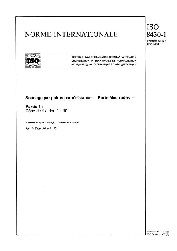 ISO 8430-1:1988 - Soudage par points par résistance -- Porte- électrodes