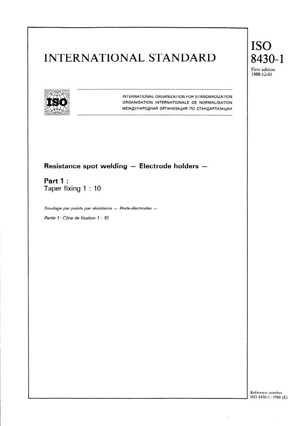 ISO 8430-1:1988 - Resistance spot welding --  Electrode holders