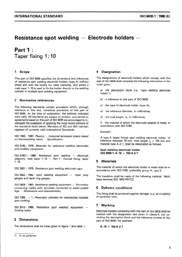 ISO 8430-1:1988 - Resistance spot welding --  Electrode holders