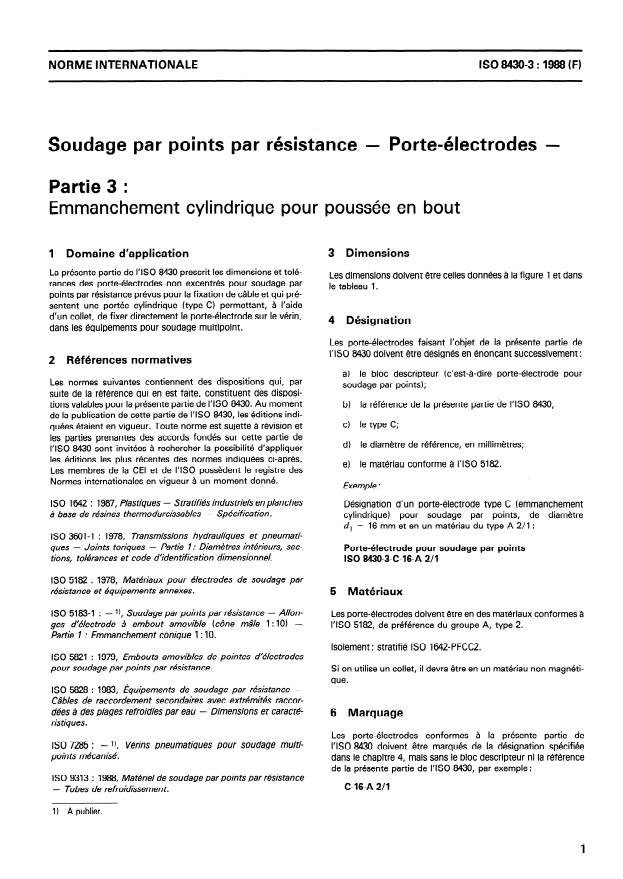 ISO 8430-3:1988 - Soudage par points par résistance -- Porte-électrodes