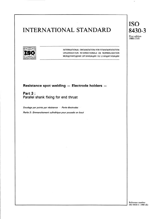 ISO 8430-3:1988 - Resistance spot welding -- Electrode holders