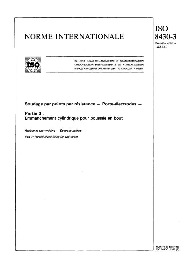 ISO 8430-3:1988 - Soudage par points par résistance -- Porte-électrodes