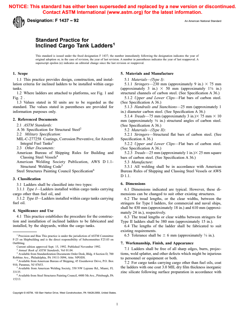 ASTM F1437-92 - Standard Practice for Inclined Cargo Tank Ladders