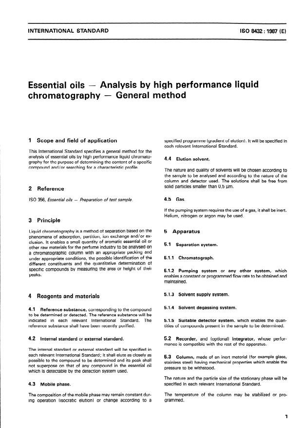 ISO 8432:1987 - Essential oils -- Analysis by high performance liquid chromatography -- General method