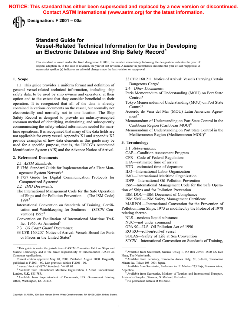 ASTM F2001-00A - Standard Guide for Vessel-Related Technical Information for Use in Developing an Electronic Database and Ship Safety Record