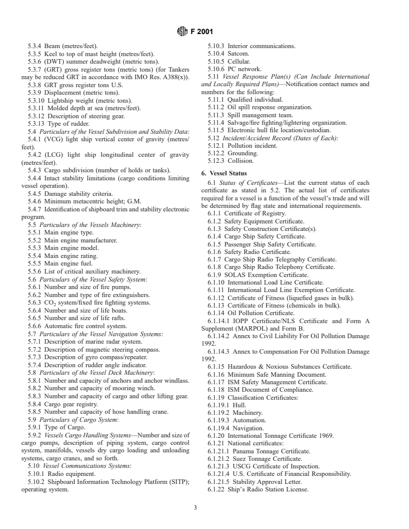 ASTM F2001-00A - Standard Guide for Vessel-Related Technical Information for Use in Developing an Electronic Database and Ship Safety Record