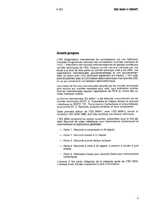 ISO 8434-1:1994 - Raccords de tubes métalliques pour transmissions hydrauliques et pneumatiques et applications générales