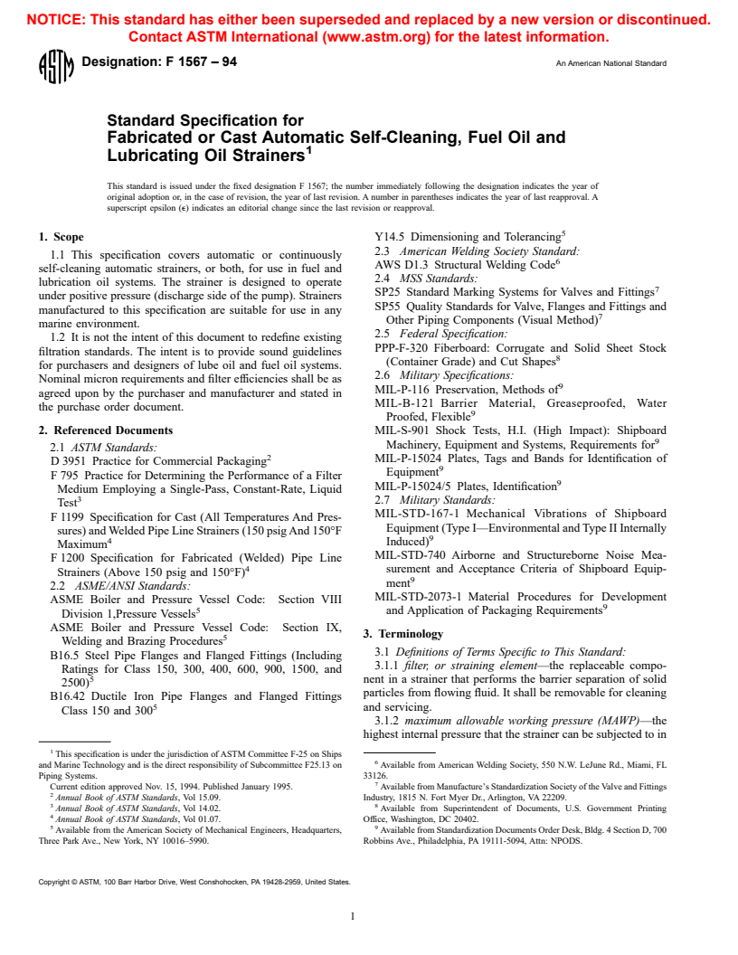 ASTM F1567-94 - Standard Specification for Fabricated or Cast Automatic Self-Cleaning, Fuel Oil and Lubricating Oil Strainers