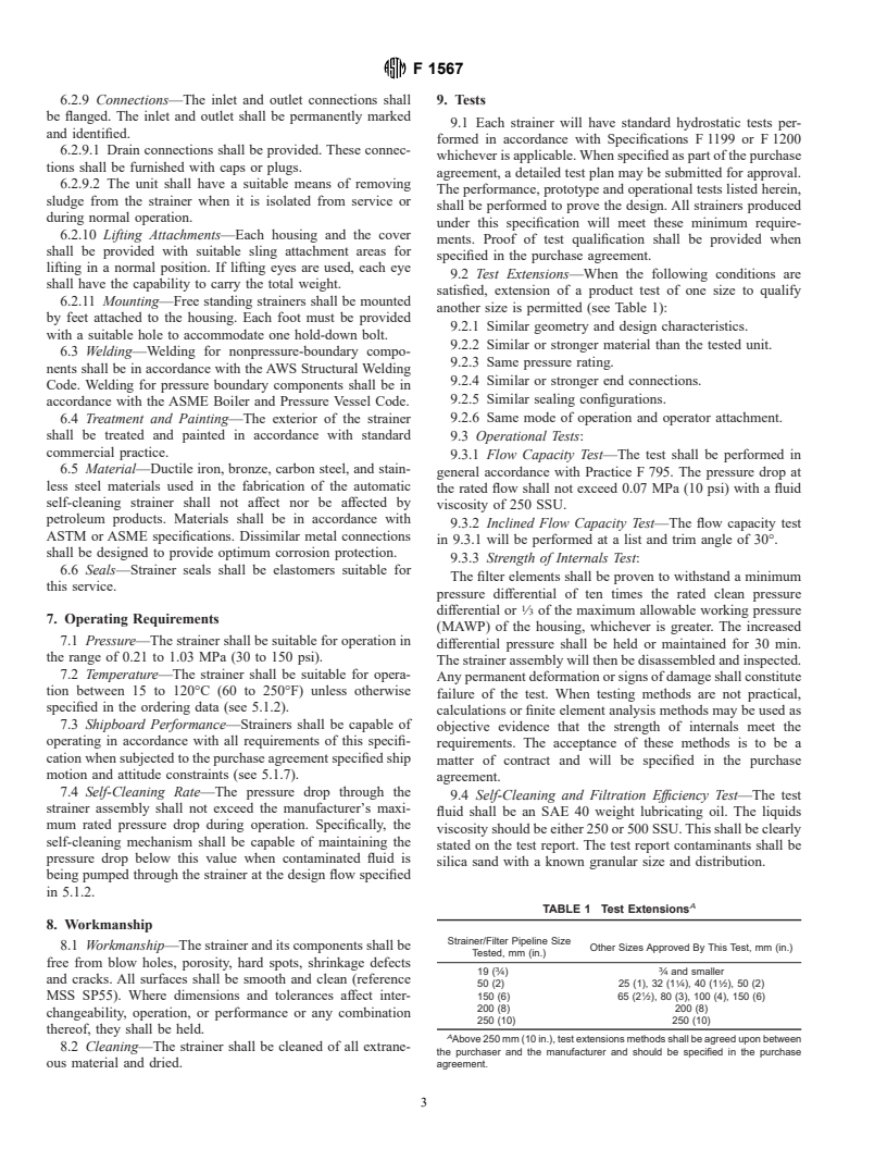 ASTM F1567-94 - Standard Specification for Fabricated or Cast Automatic Self-Cleaning, Fuel Oil and Lubricating Oil Strainers