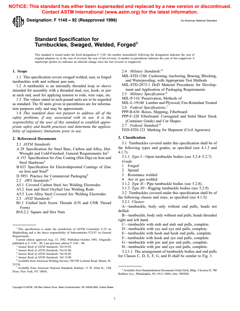 ASTM F1145-92(1996) - Standard Specification for Turnbuckles, Swaged, Welded, Forged