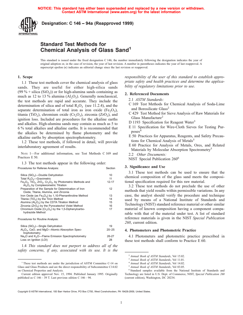 ASTM C146-94a(1999) - Standard Test Methods for Chemical Analysis of Glass Sand