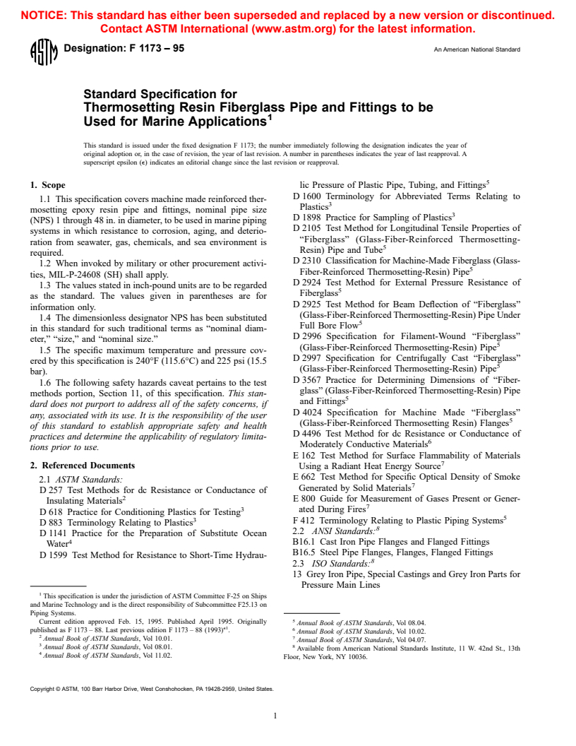 ASTM F1173-95 - Standard Specification for Thermosetting Resin Fiberglass Pipe Systems to Be Used for Marine Applications