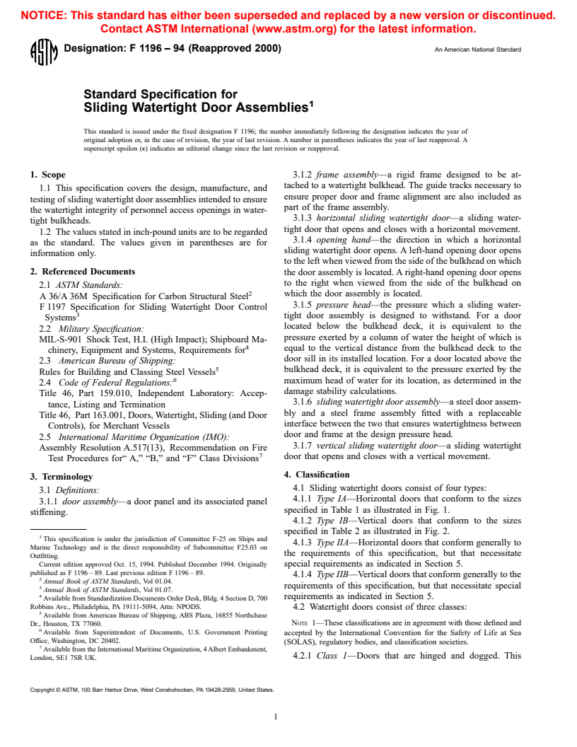 ASTM F1196-94(2000) - Standard Specification for Sliding Watertight Door Assemblies