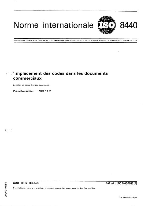 ISO 8440:1986 - Emplacement des codes dans les documents commerciaux