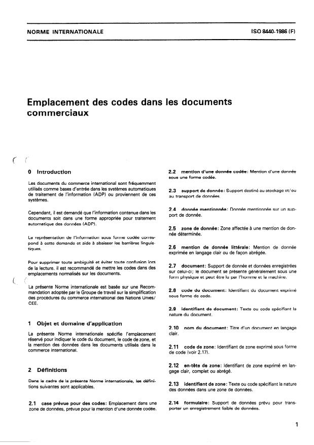 ISO 8440:1986 - Emplacement des codes dans les documents commerciaux