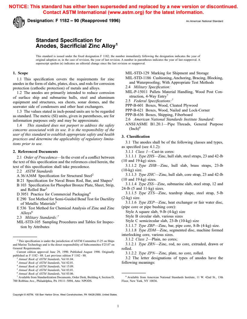 ASTM F1182-90(1996) - Standard Specification for Anodes, Sacrificial Zinc Alloy