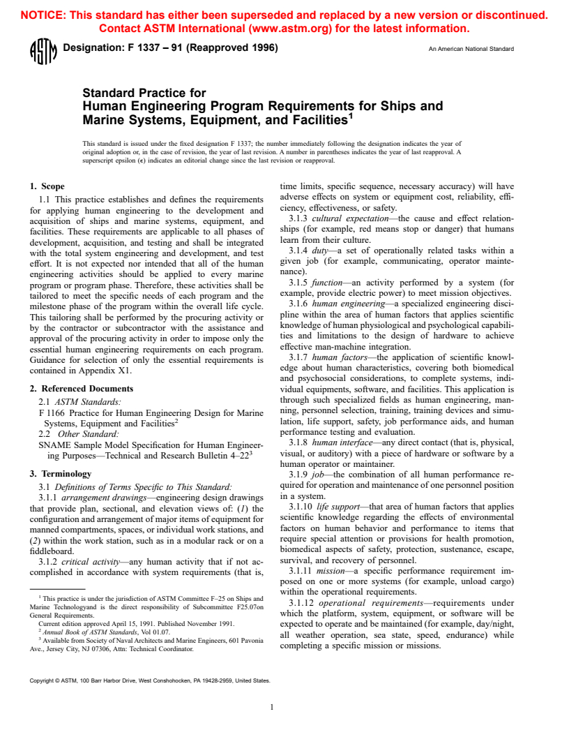 ASTM F1337-91(1996) - Standard Practice for Human Engineering Program Requirements for Ships and Marine Systems, Equipment, and Facilities